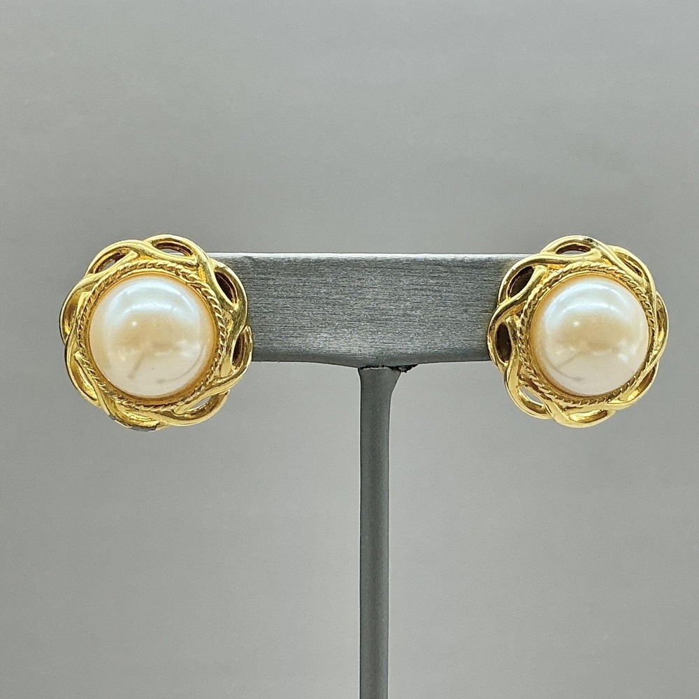 Vintage Earrings Gold‎ Tone Stud Cream Imitation Pearl Round Rope Frame Womens